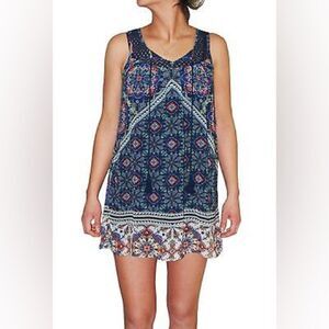 As U Wish Printed Tassel-Tie Peasant Casual Dress (Navy, XS)